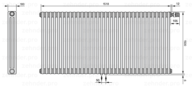 Схема (чертеж) Радиатор Zehnder Charleston 3150/33 №V008 Белый глянцевый RAL 9016